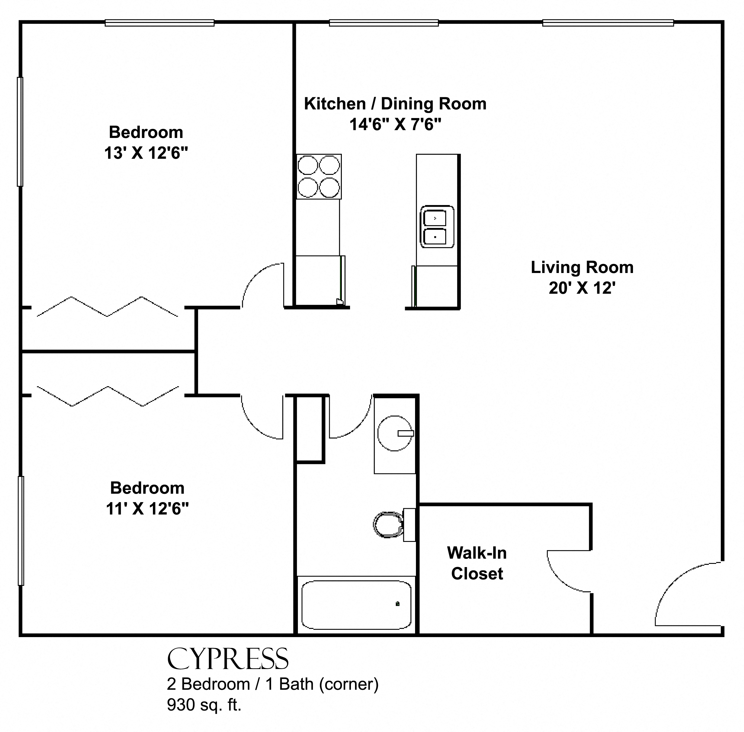 Floor plan for 2 beds, 1 bath, 930 sqft